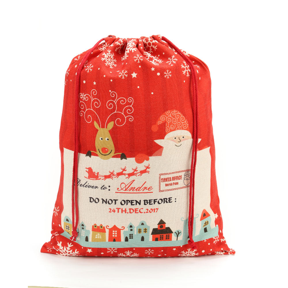 Pre-printed linen Christmas drawstring sack with Santa, reindeer, festive design for sublimation or laser engraving.