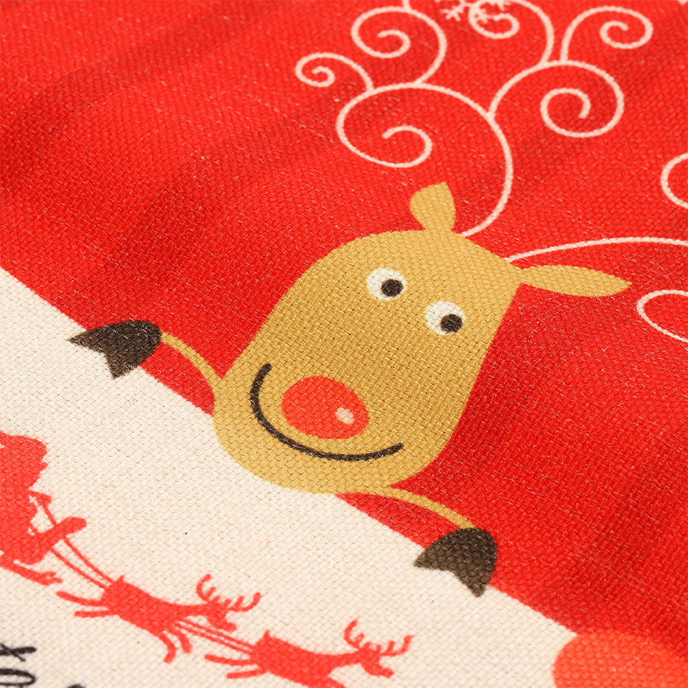 Close-up of pre-printed linen Christmas sack with cartoon reindeer, ideal for sublimation or laser engraving blanks.