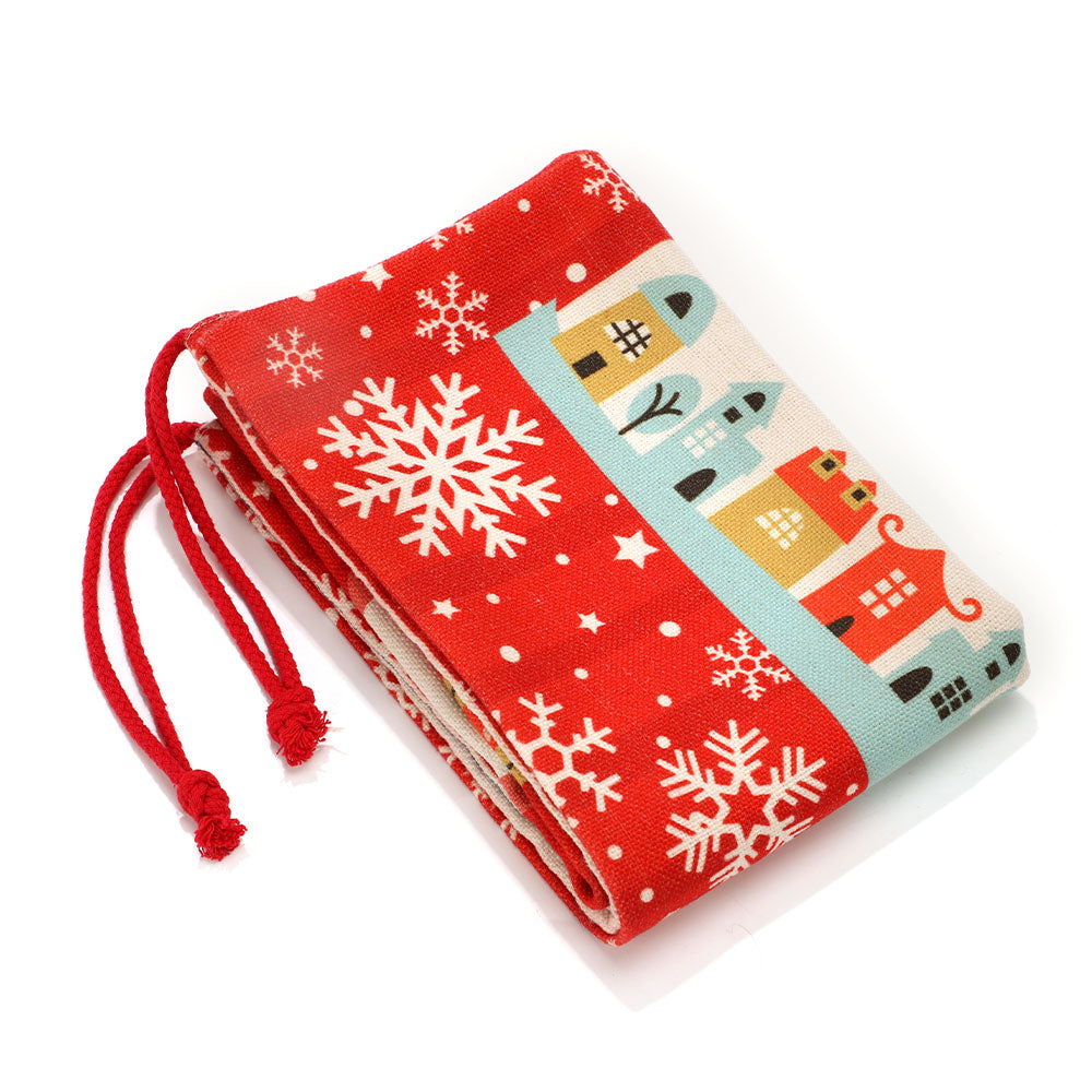 Pre-printed linen Christmas drawstring sack with snowflakes and festive village design