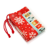 Pre-printed linen Christmas drawstring sack with snowflakes and festive village design