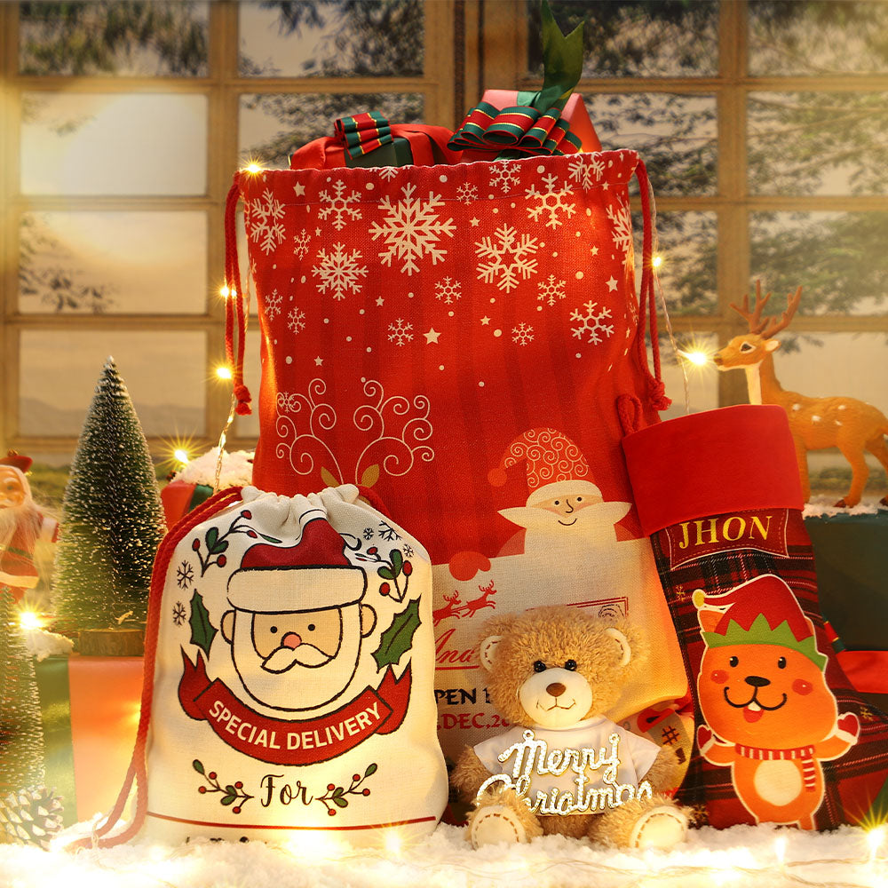 Pre-printed linen Christmas drawstring sack with snowflakes, Santa, and festive decor, ideal for sublimation and laser engraving projects.