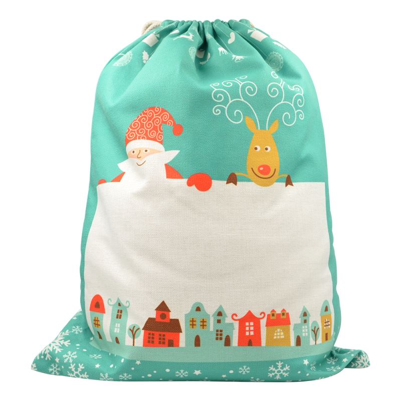 Green pre-printed linen Christmas drawstring sack with Santa, reindeer, and festive village design, suitable for sublimation or laser engraving.