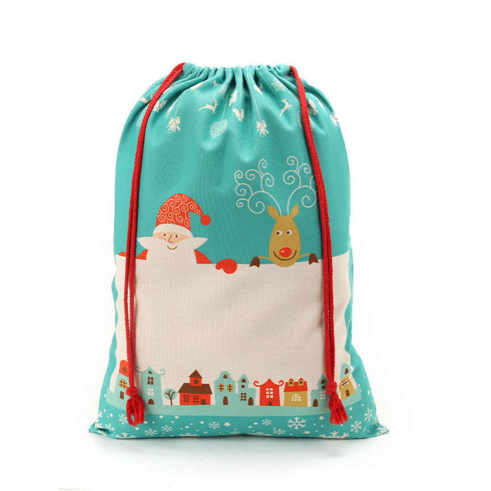 Large pre-printed linen Christmas drawstring sack with Santa, reindeer, red cords and festive design, ideal for sublimation or laser engraving.