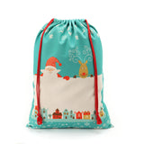 Large pre-printed linen Christmas drawstring sack with Santa, reindeer, red cords and festive design, ideal for sublimation or laser engraving.