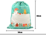 Large 50x66cm green pre-printed Christmas linen drawstring sack with Santa and reindeer design, ideal for sublimation or laser engraving.