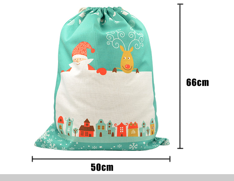 Large 50x66cm green pre-printed Christmas linen drawstring sack with Santa and reindeer design, ideal for sublimation or laser engraving.