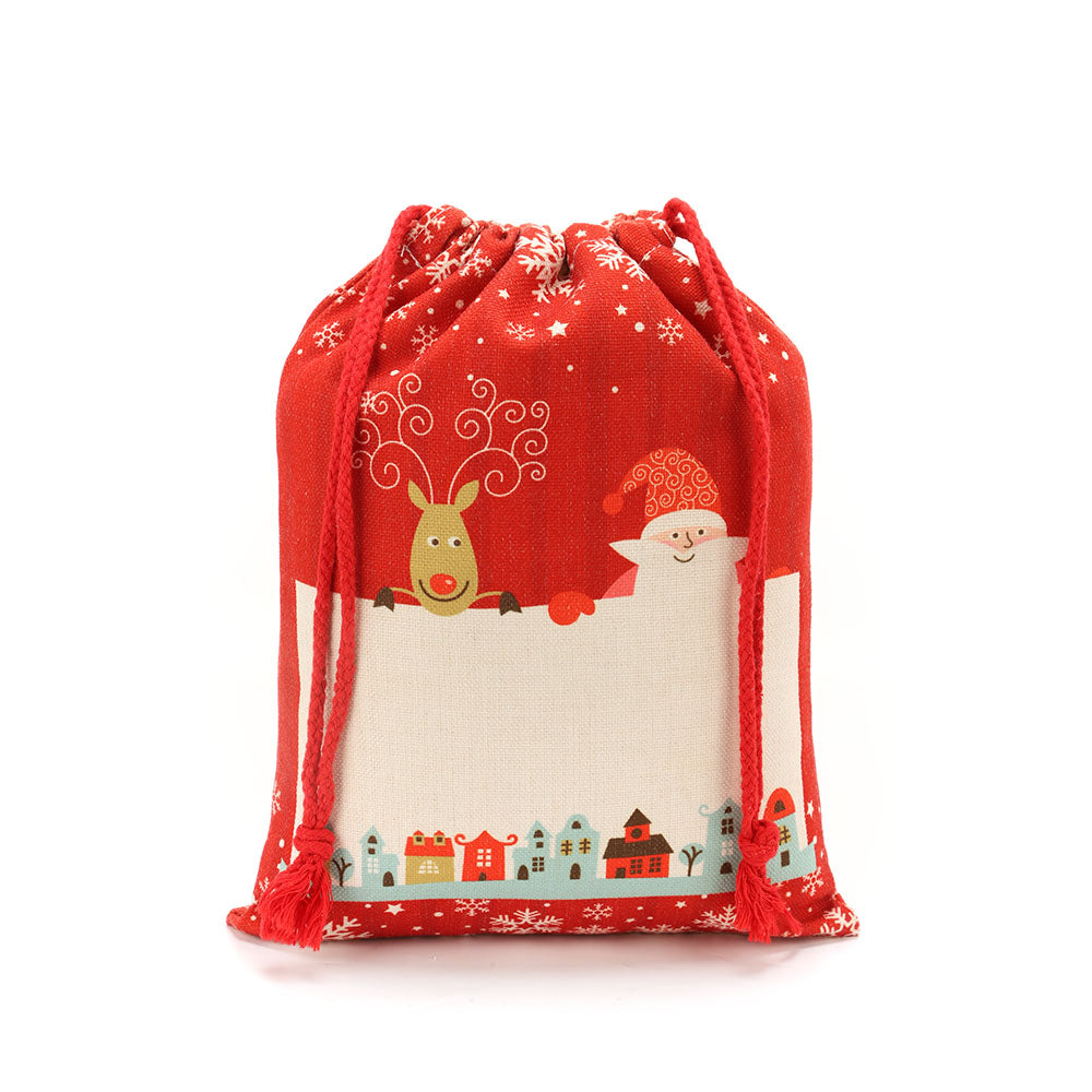 Red pre-printed linen Christmas drawstring sack with festive reindeer, snowman and holiday houses, for sublimation and laser engraving.