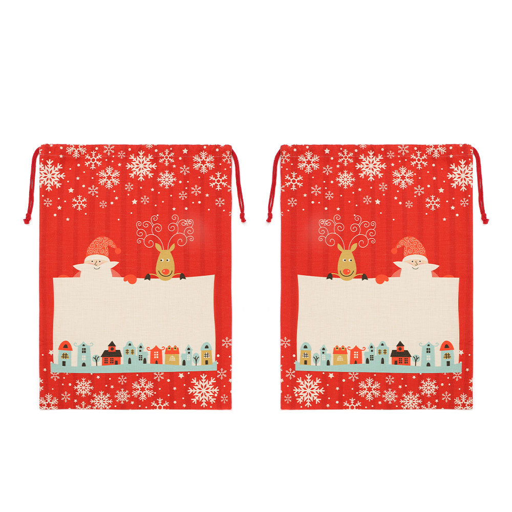 Red linen drawstring Christmas sack with snowman, reindeer print, blank panel for sublimation or laser engraving