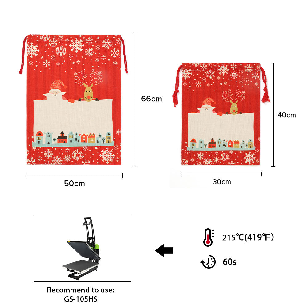 Red linen Christmas drawstring sacks with festive print, two sizes, sublimation heat press instructions shown