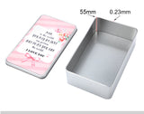 Rectangular metal tin for sublimation or laser engraving, with floral pink lid and measurements shown