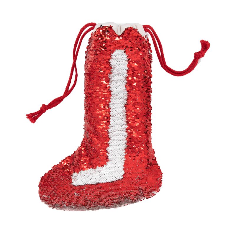 Red sequin Christmas stocking blank with drawstring, ideal for sublimation or laser engraving