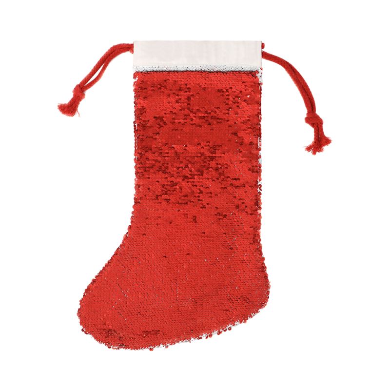 red sequin Christmas stocking with white cuff, blank for sublimation or laser engraving