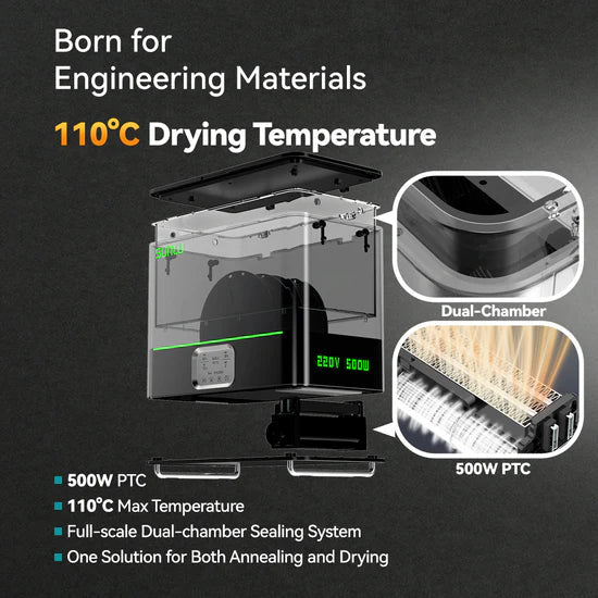 SUNLU FilaDryer E2 features dual-chamber design and 110°C drying temperature for engineering-grade 3D printing filaments like PA-CF and PA-GF.