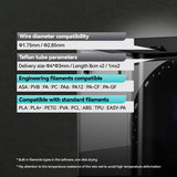 SUNLU FilaDryer E2 compatibility chart displaying supported filament diameters, teflon tube specs, and engineering filament types for 3D printers.