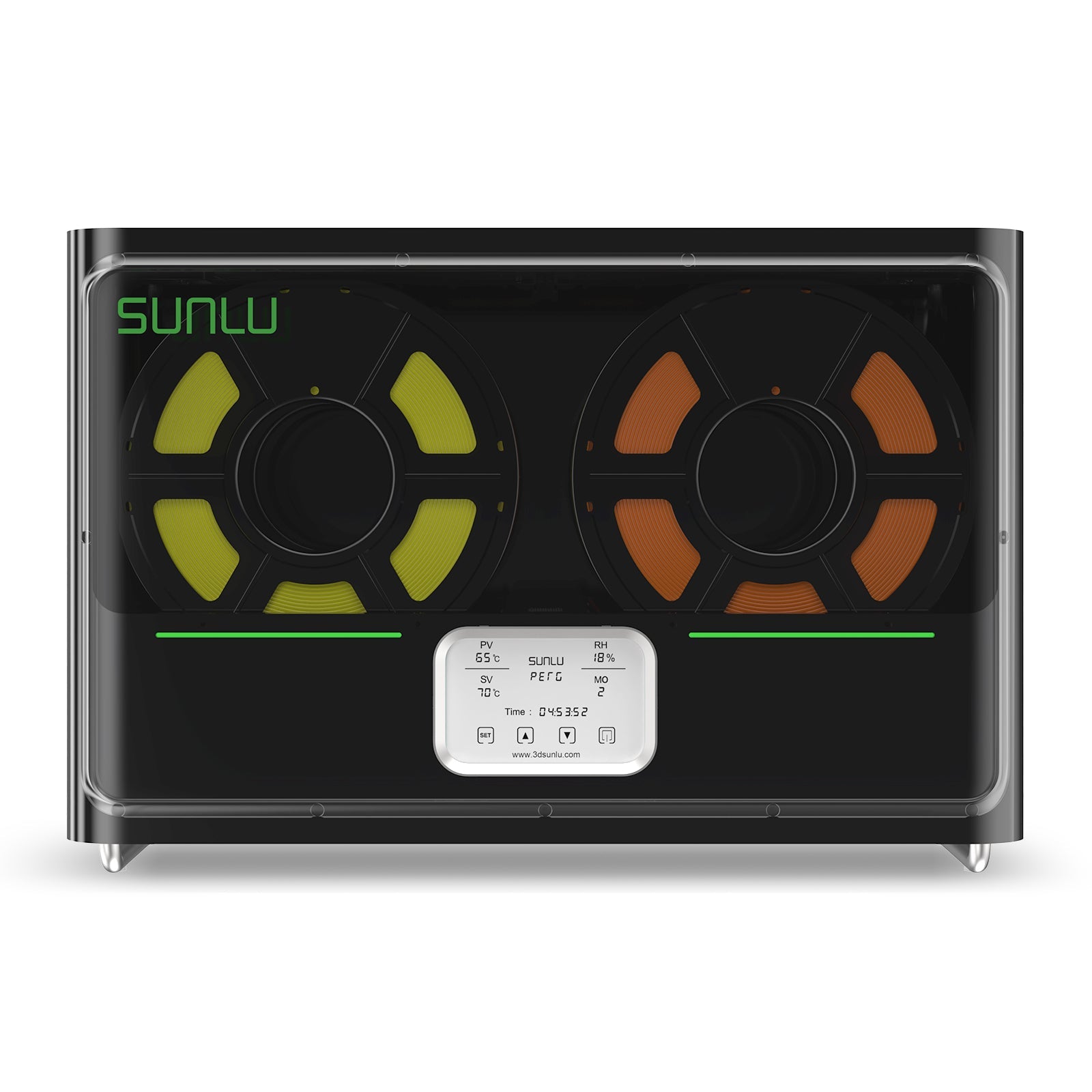 SUNLU Fila Dryer - S4 digital control panel with dual filament spools for 3D printing material drying.