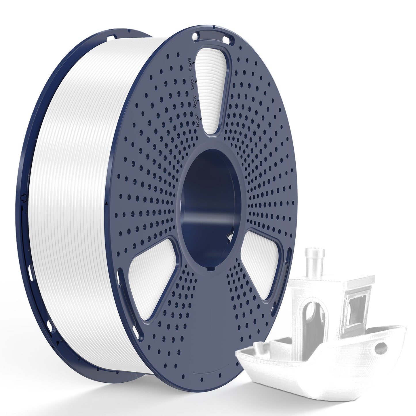 Sunlu Silk PLA+ White Filament 1KG on spool with 3D printed boat model