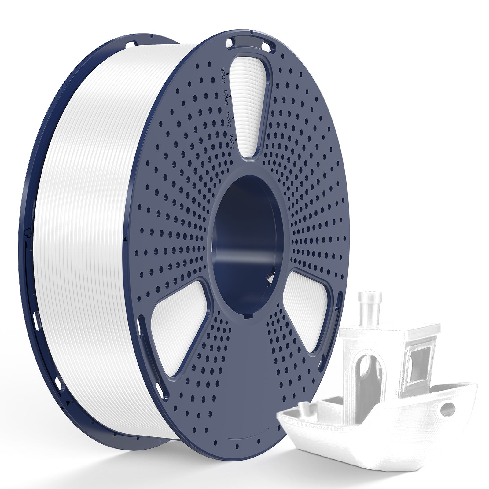 Sunlu Silk PLA+ White Filament 1KG on spool with 3D printed boat model
