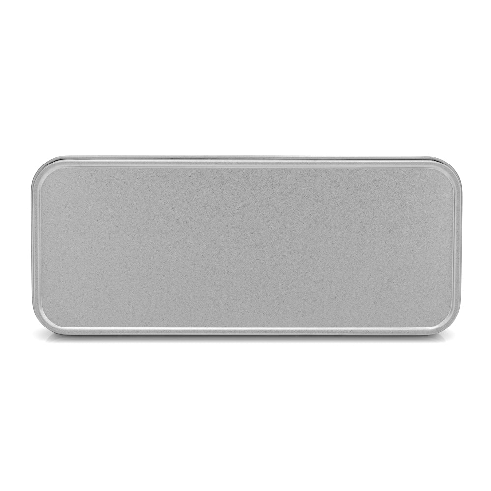 Silver Metal Stationary Tin with smooth matte finish, ideal for sublimation printing and organizing pens or pencils in office or school settings.