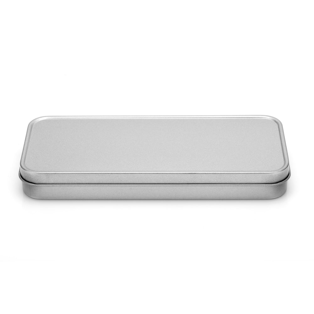 Front view of Silver Metal Stationary Tin with seamless lid, designed for sublimation and ideal for organizing pens and pencils.
