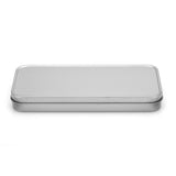 Front view of Silver Metal Stationary Tin with seamless lid, designed for sublimation and ideal for organizing pens and pencils.