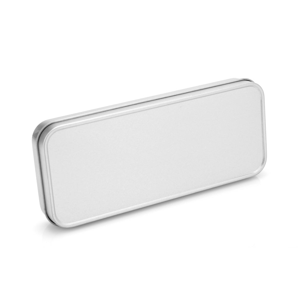 Angled view of Silver Metal Stationary Tin, perfect sublimation blank for custom pencil case designs in office supply and organization categories.