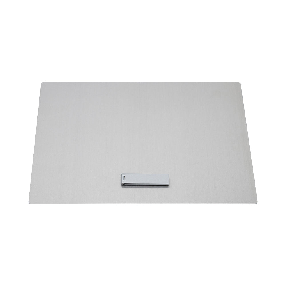 Back view of Sublimation Aluminium Photo Panel - 190 x 240 x 1mm featuring a sleek silver finish and foldable stand for support.