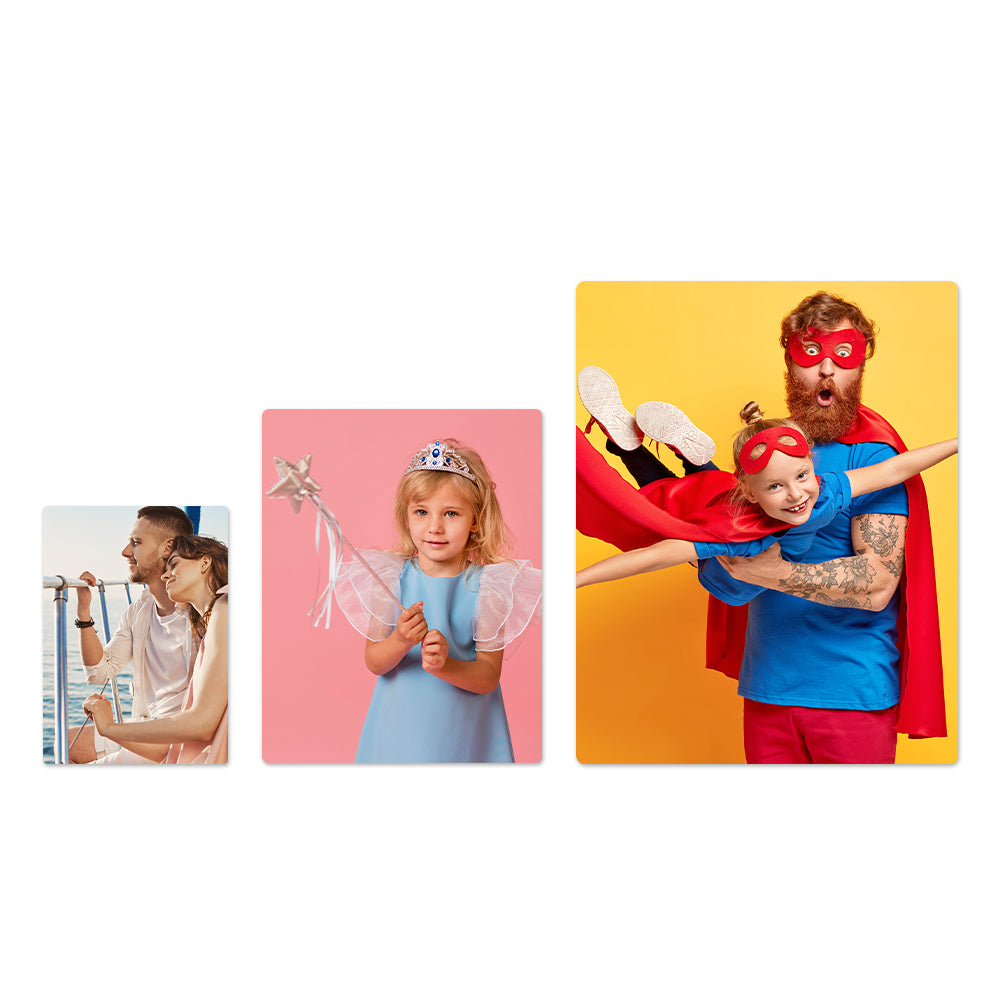 Various sizes of sublimation aluminium photo panels showcasing custom printed family and portrait photos for home decoration.