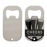 Silver sublimation blank bar blade bottle openers, shown plain and with custom engraved design.