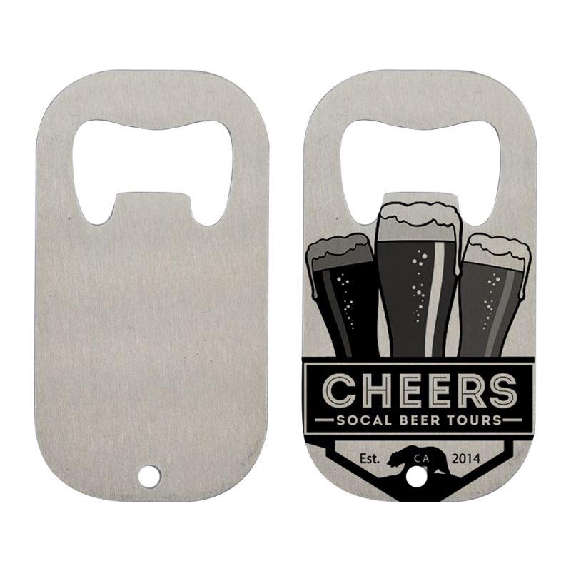 Silver sublimation blank bar blade bottle openers, shown plain and with custom engraved design.