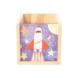 Wooden pencil pot with sublimation space rocket and stars design, ideal for laser engraving.
