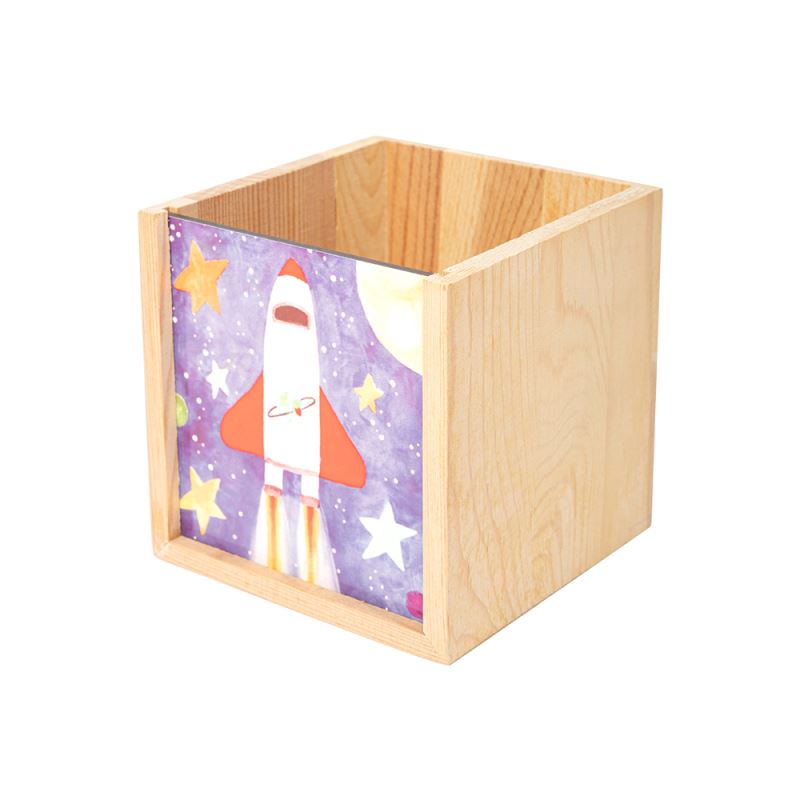 Wooden pencil pot with laser engravable panel featuring a sublimation rocket and stars design