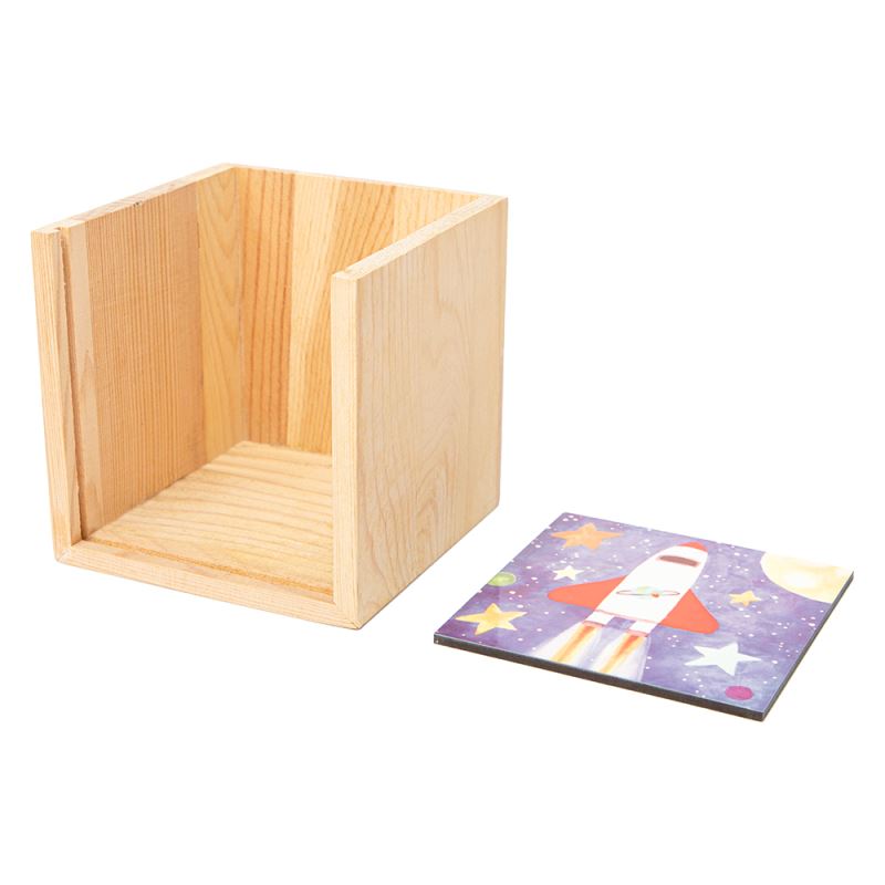 Blank wooden pencil pot for sublimation or laser engraving with a removable rocket design panel