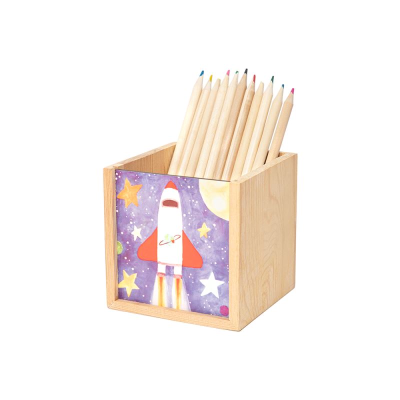 Wooden pencil pot with blank pencils, space rocket design panel for sublimation or laser engraving