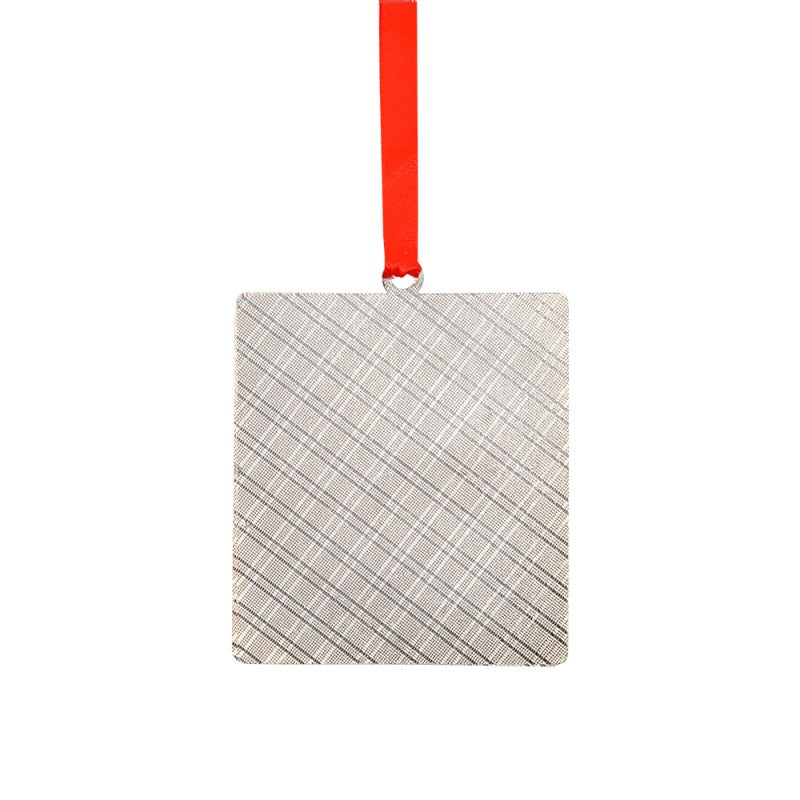 Blank metal square ornament with red ribbon, suitable for sublimation or laser engraving.