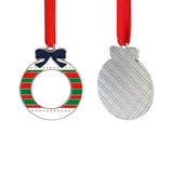 Blank metal Christmas bauble ornament for sublimation and laser engraving, with red ribbon.