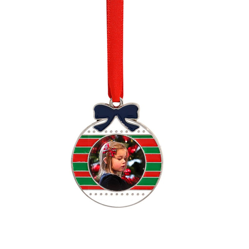 Sublimation blank Christmas bauble ornament with red and green stripes, photo insert, red ribbon