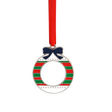 Blank Christmas bauble ornament for sublimation, red and green stripes, blue bow, red ribbon