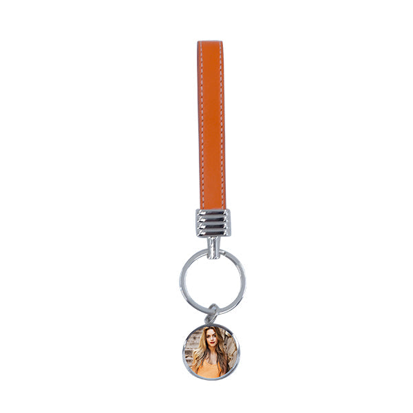 Brown leather sublimation keychain with round photo insert for laser engraving or personalization