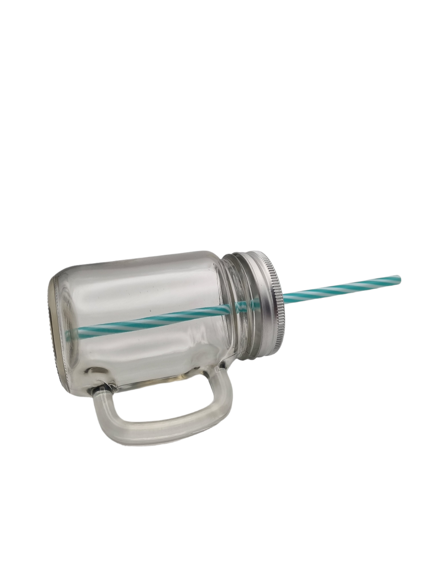Clear glass mason jar with handle, silver lid and blue striped straw, perfect for sublimation or laser engraving projects.
