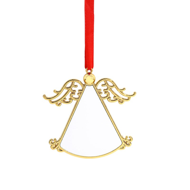 Gold angel-shaped sublimation blank ornament with red ribbon, ideal for laser engraving.