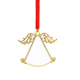 Gold angel-shaped sublimation blank ornament with red ribbon, ideal for laser engraving.