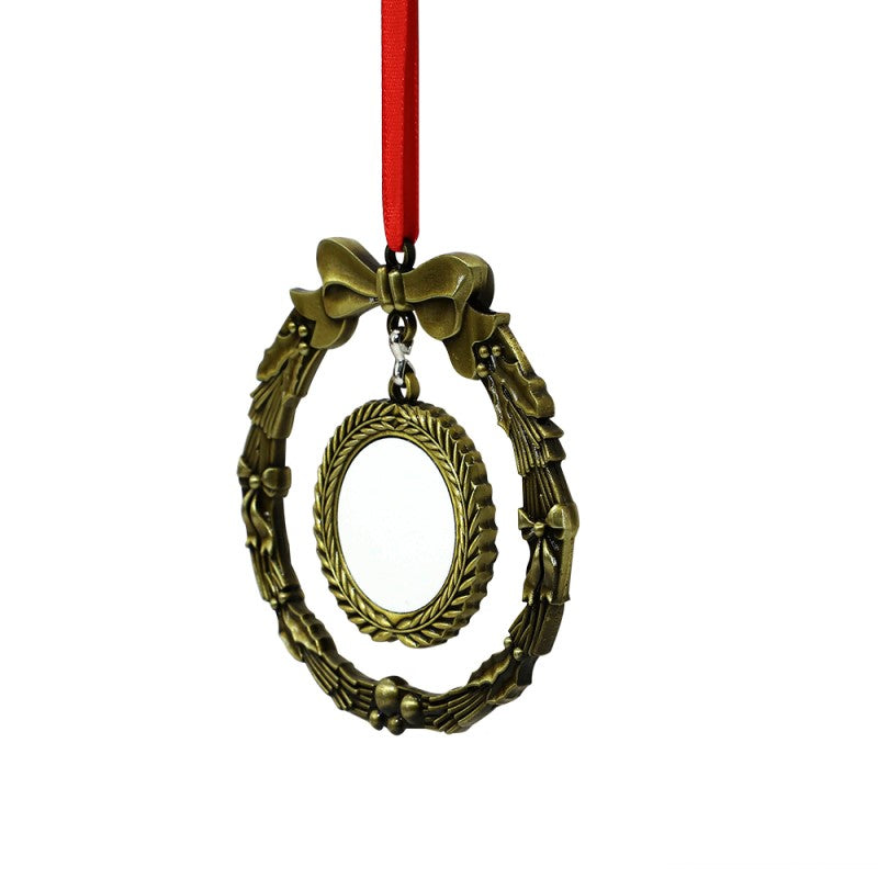 Gold wreath ornament with red ribbon, blank center for sublimation or laser engraving