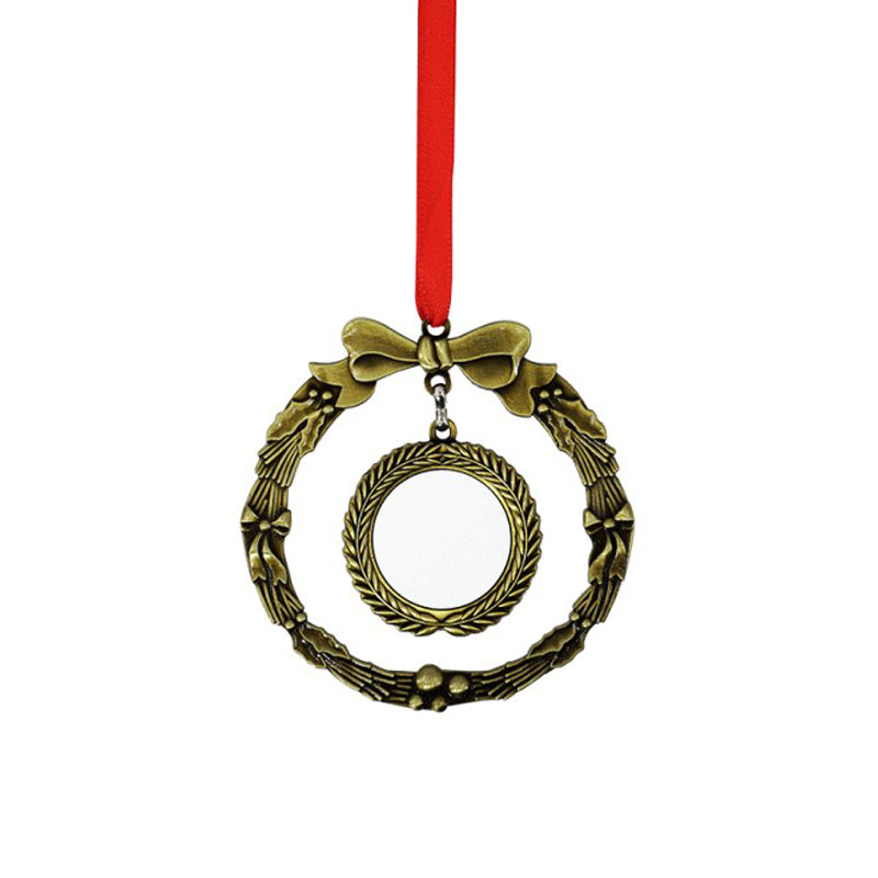 Blank gold wreath ornament for sublimation or laser engraving with red ribbon