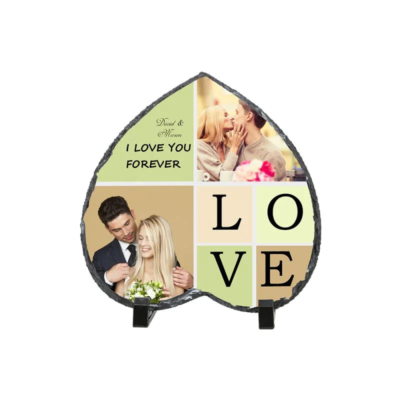 Heart-shaped sublimation rock slate with custom photo collage and love-themed text, ideal for laser engraving.