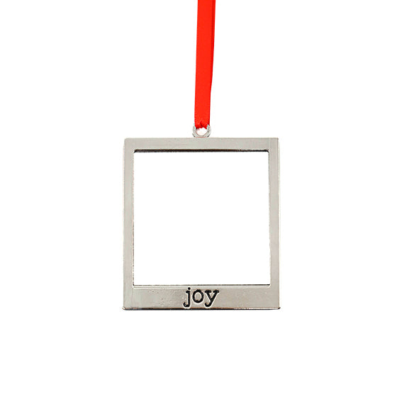 Square metal ornament blank for sublimation or laser engraving with 'joy' text and red ribbon