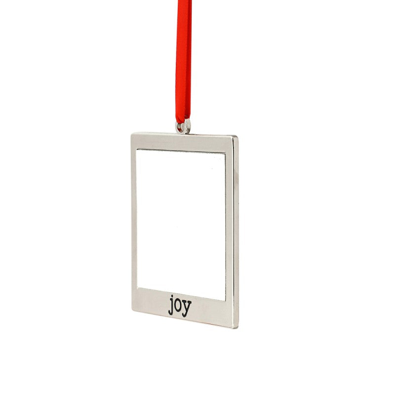 Blank silver sublimation photo frame ornament with 'joy' text and red ribbon, suitable for laser engraving.