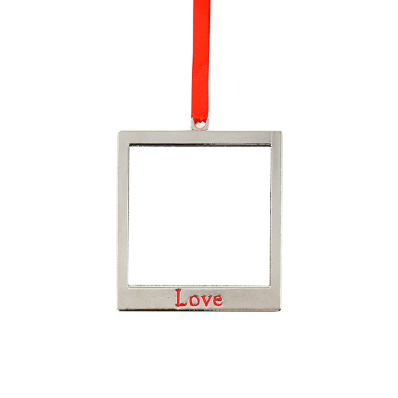 Square metal sublimation blank ornament with red 'Love' text and red ribbon for laser engraving.