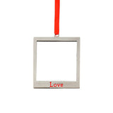 Square metal sublimation blank ornament with red 'Love' text and red ribbon for laser engraving.