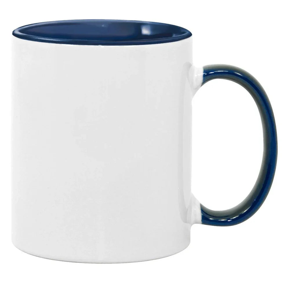 Navy Blue Mug - 11oz Sublimation Inner Handle Colour with glossy white exterior and navy blue interior and handle, ideal for custom printing.