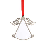Silver angel-shaped sublimation blank ornament with red ribbon, ideal for laser engraving.